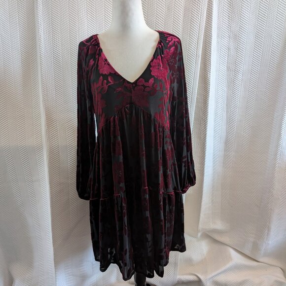 Taylor Burnout Velvet Babydoll Dress Black Maroon Burgundy Size 6 - Picture 1 of 16